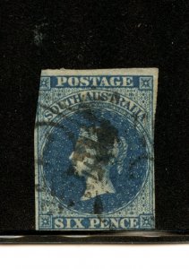 South Australia #3 (S277) Queen Victoria 6p deep blue, Imperf 1855, U,CV$200.00