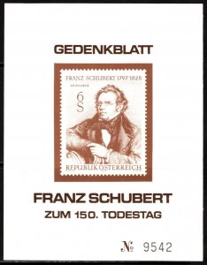 1978 Austria Commemorative Sheet Franz Schubert 150th Anniversary Of Death