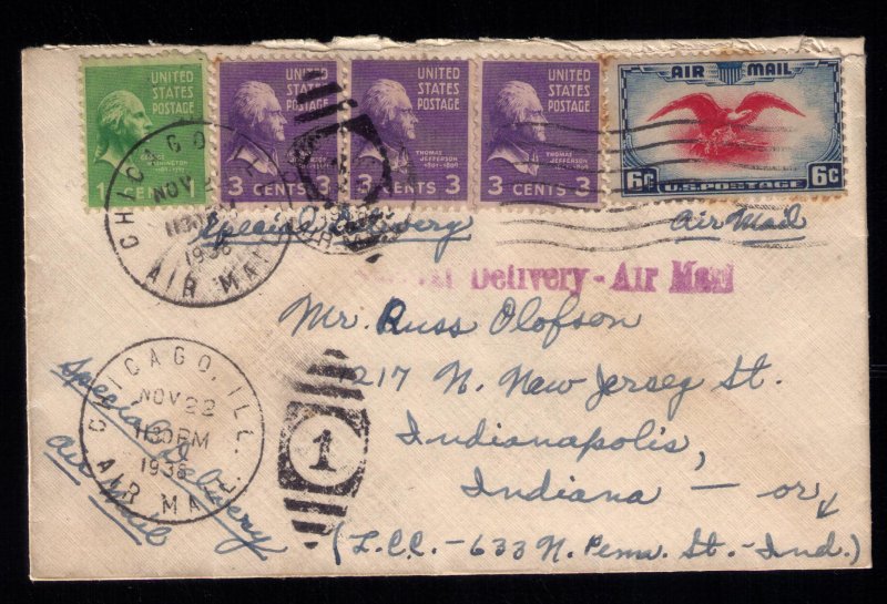 US Sc #C23 Postal Cover 1938 Chicago,IL. To Idianapolis Ind. F-VF