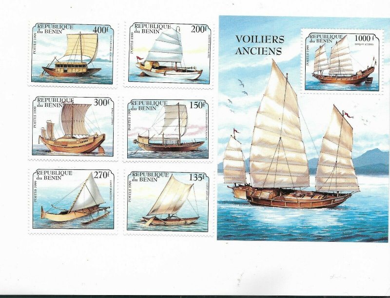 BENIN YEAR 1999 OLD SHIPS NAVIGATION SOUVENIR SHEET + SET OF 6 STAMPS MNH