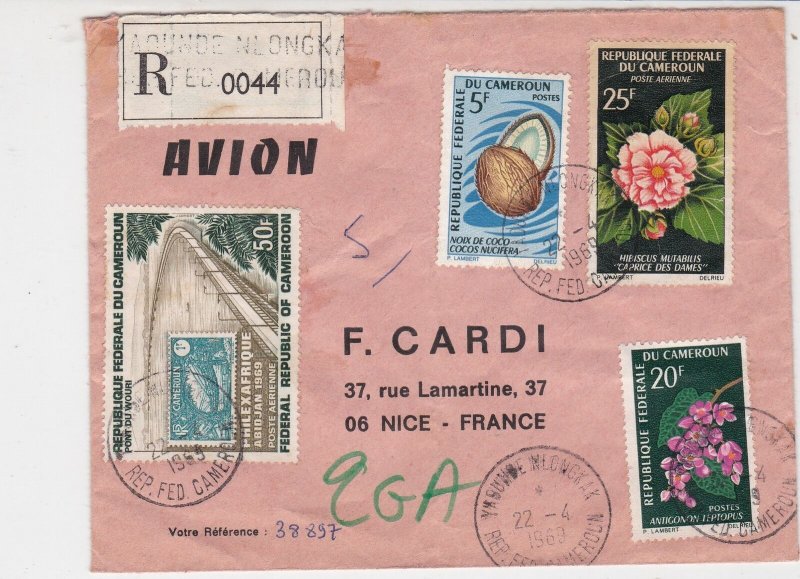 Rep Du Cameroun 1969 Regd Airmail Yaounde Flowers Nut Etc Stamps Cover Ref 30719