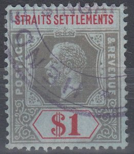 1914 MALAYA STRAITS SETTLEMENT KGV $1 BLACK & RED/BLUE (SG# 210) USED