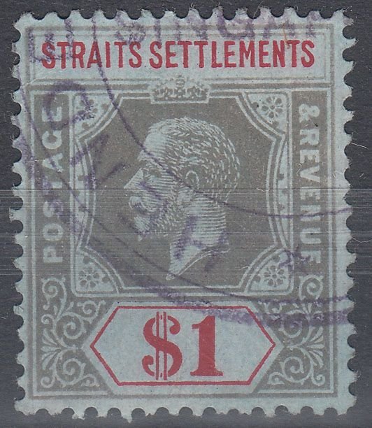 1914 MALAYA STRAITS SETTLEMENT KGV $1 BLACK & RED/BLUE (SG# 210) USED
