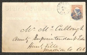 USA SCOTT #65 STAMP SUPT. OF PUBLIC EDUCATION MONTGOMERY ALABAMA COVER 1860s