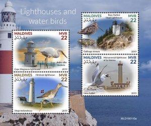 Maldives 2019 MNH Lighthouses & Water Birds on Stamps Egrets Gulls Snipe 4v M/S