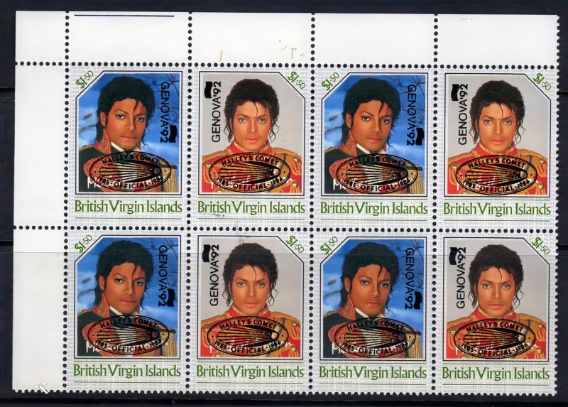 British Virgin Islands 1992 Michael Jackson ovpt.Halley's Comet BLOCK OF 4 MNH