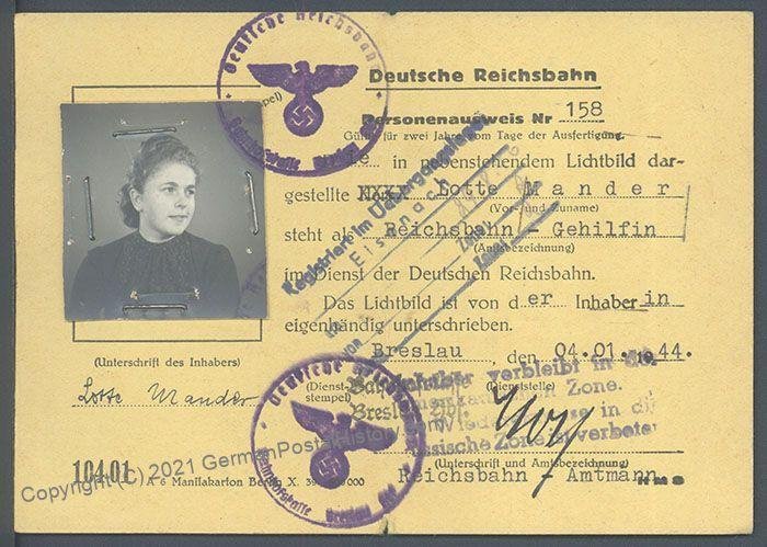 Germany 1944 Deutsche Reichsbahn Ausweis Railway Worker Photo ID Card 106709