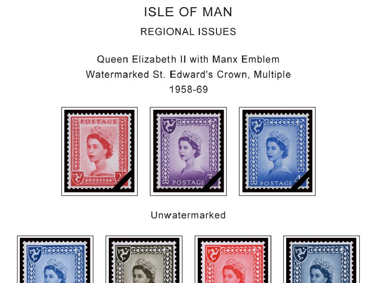 GB ISLE OF MAN STAMP ALBUM PAGES 1958-2010 (195 color illustrated pages)