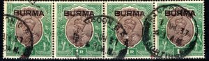 BURMA KGV Stamps STRIP OF FOUR 1R High Value Used 1937 India Overprint SS3830