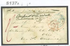 S137a 1854 GB MARITIME Lincoln Transatlantic Mail via Liverpool/Ohio MISSENT USA