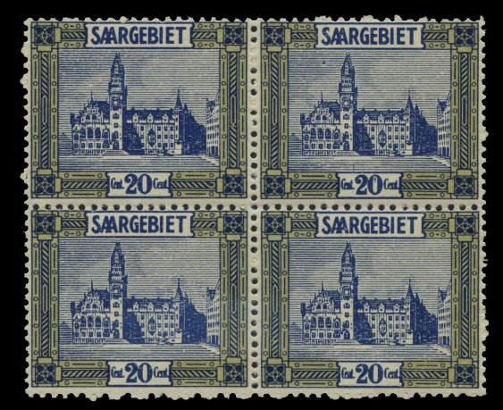 Saar #104 (Mi. 88) Cat€200, 1920-23 20c dark blue and lemon, block of four,...