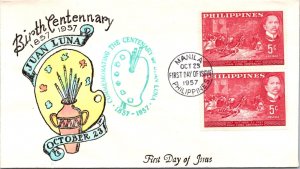 Philippines FDC 1957 - Juan Luna Birth Centenary - 2x5c Stamp - Pair - F43180