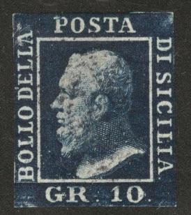 SICILY Scott 16, Dark Blue 10 g used 1859  CV$375