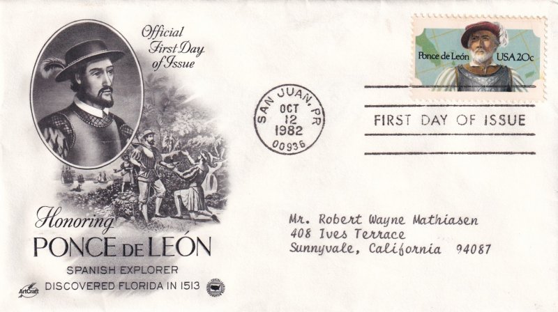 1982, Honoring Ponce de Leon, Art Craft/PCS, FDC (E12266)