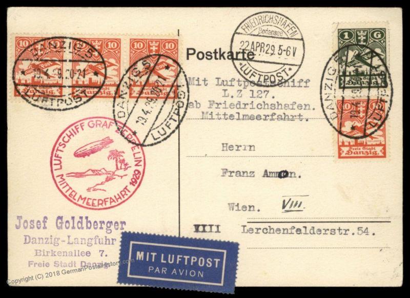 Danzig 1929 Zeppelin Mittelmeerfahrt Mediterranean Spain Si24  Flown Cover 90741