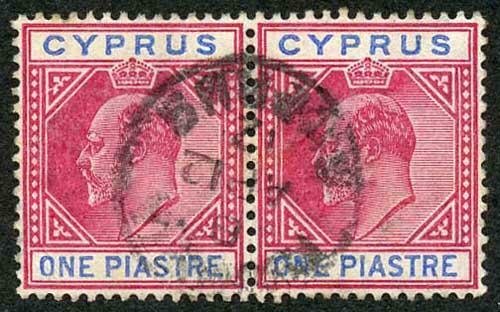 Cyprus SG64a KEVII 1p Variety Broken top left Triangle in Pair with Normal fine