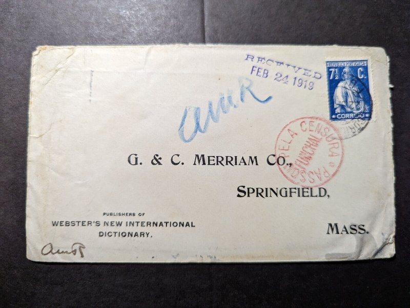 1919 Portugal Cover Funchal to Springfield MA Websters Dictionary