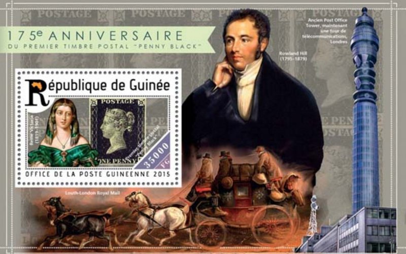 O) 2015 GUINEA, PENNY BLACK, QUEEN VICTORIA, ROWLAND HILL, MAIL TRANSPORT CARRIA