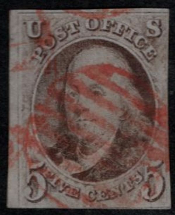 MALACK 1 F/VF, red grid cancels, fresh color, Nice! b7972