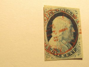 US STAMPS, Scott #9, RED NY City Deliver PAID Carrier Cancel, USED 1851, SCV$215