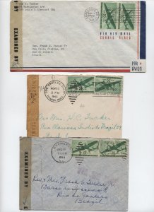 3 1940s censored airmail covers to Brazil 20ct transports [y8338]