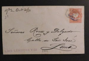 1876 Postal Stationery Cover Lima Peru Local Use