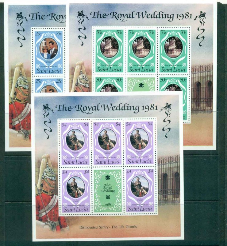 St Lucia 1981 Charles & Diana Wedding revised colours 3x Sheetlets MUH Lot45204