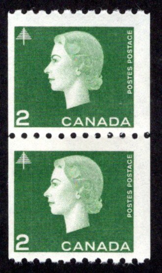 Scott 406, 2c green, Pair, F, MNHOG, Cameo Issue, Coil, Canada Postage Stamp