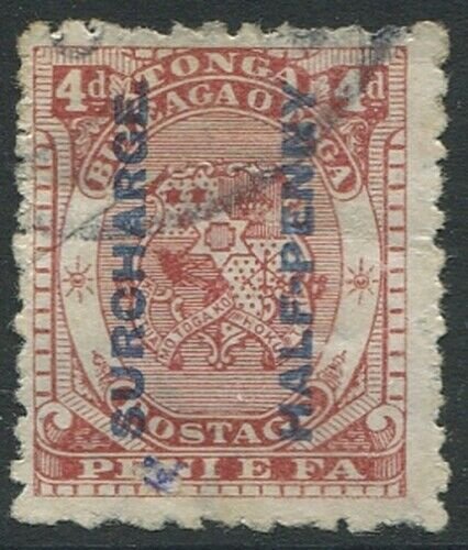 Tonga 1894 SG21 ½d on 4d chestnut Coat of Arms FU