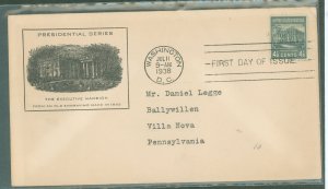 US 809 1938 4.5c White House part of the presidential/prexy series, single on an addressed (typed) first day cover with an unk