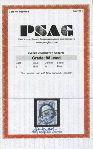 Scott #9 Superb-used. Perfect showpiece! With 2021 PSAG cert. graded SUPERB-98.