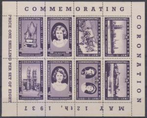 GB 1937 CINDERELLA CORONATION MINISHEET OF 8 MINT 