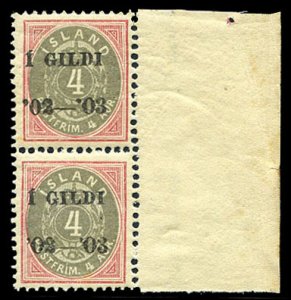 Iceland #51 (Facit 50) CatSEK 1,500, 1902-3 4a rose and gray, black overprint...