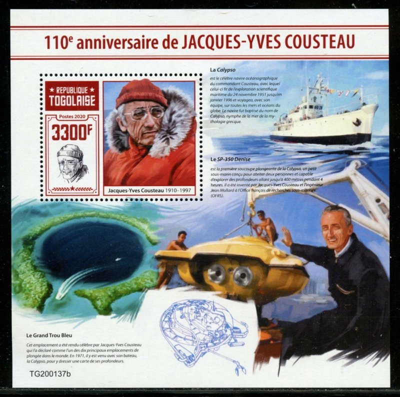 TOGO 2020 110th ANNIVERSARY OF JACQUES COUSTEAU SOUVENIR SHEET MINT NEVER HINGED