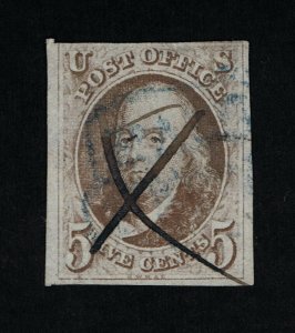 GENUINE SCOTT #1 F-VF USED 1847 BROWN 5¢ FIRST ISSUE NICE PEN CANCEL #16052