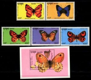 Butterflies MNH Cambodia Sc 1278-83 Set + S/S Value $10