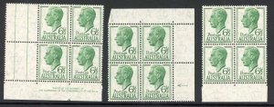 Australia 1951-2 SG 237a 6 1/2d emerald-green RE-ENTRIES in blocks mint/UM