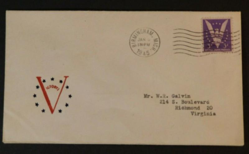 1945 Birmingham Michigan to Richmond Virginia USA Victory WWII Patriotic Cover 