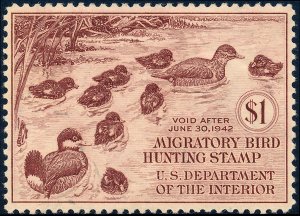 US RW8 $1 1941 Hunting Permit Stamp Family of Ruddy Ducks VF Unused OG Hinged