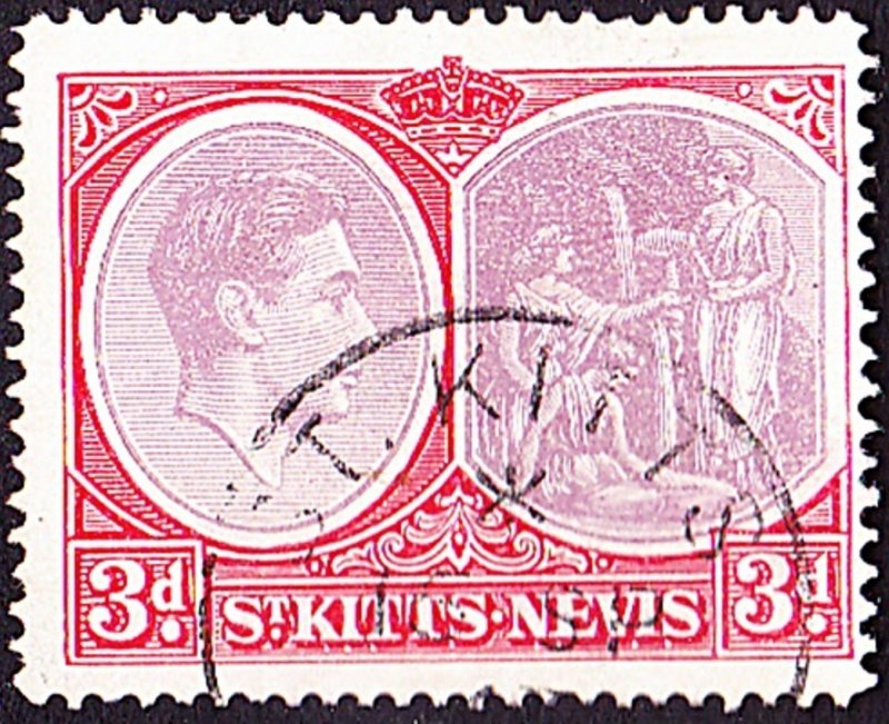 ST KITTS-NEVIS 1940 KGVI 3d Dull Reddish Purple & Scarlet SG73a FU