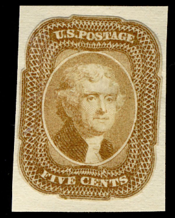 US #29  Yellowish Brown, VF mint cut to shape and applied to card, very fresh...