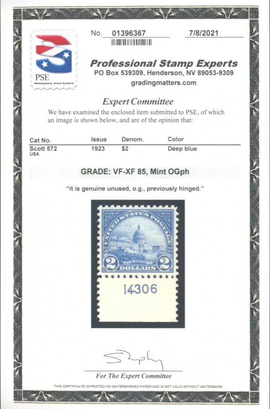 U.S. #572 MINT WITH PSE CERT  VF-XF 85