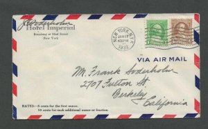 1932 NY Hotel Imperial Airmail To Ca W/Airmail Rates Listed At Lower Left