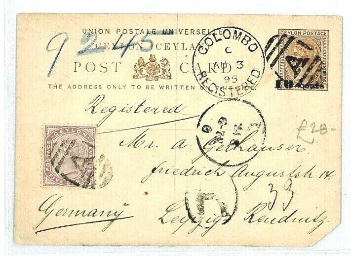 CEYLON Colombo GB Postcard Stationery REGISTERED {samwells-covers} 1895 CW46