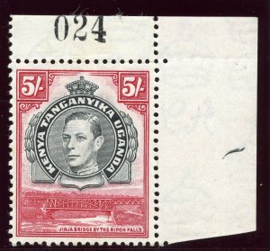 K.U.T. 1938 KGVI 5s black & carmine (p13¼) superb MNH. SG 148. Sc 83a.