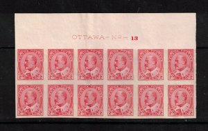 Canada #90a Extra Fine Never Hinged Plate #13 Top Block Of Twelve Gum Skip On 1