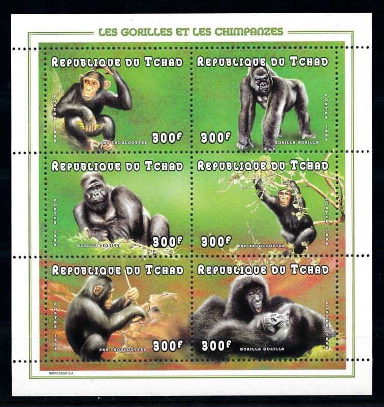 [77196] Tchad Chad 1998 Primates Gorilla Chimpanzees Miniature Sheet MNH