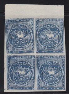 Ecuador 1865-72 Medio Real Ultramarine Marginal Block Mint. Scott 2 Forgery