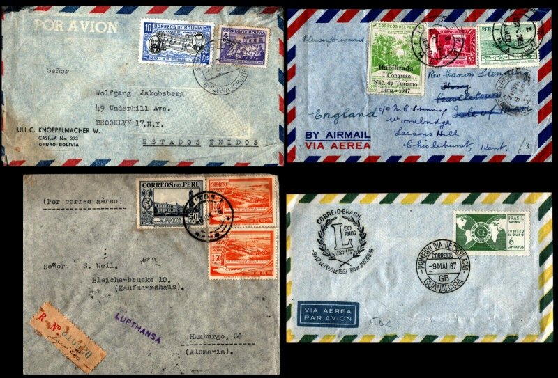 South America1930 - 1960's 4 Airmail Covers Peru Bolivia Brazil 
