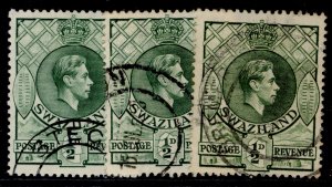 SWAZILAND GVI SG28 + 28a + 28b, ½d PERF & SHADE VARIETIES, FINE USED. Cat £20.